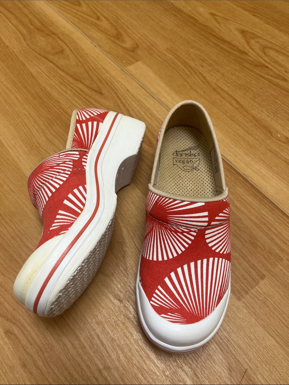 Dansko Red and White Patterned Slip-On Clogs